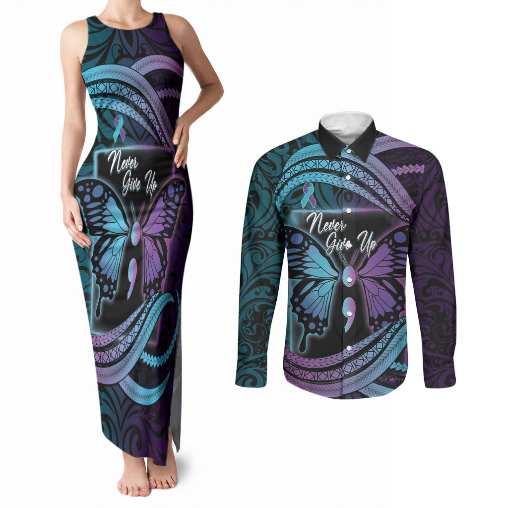 Personalised Polynesia Suicide Prevention Month Couples Matching Tank Maxi Dress and Long Sleeve Button Shirt Semicolon Butterfly Never Give Up Polynesian Pattern LT22 Teal - Polynesian Pride