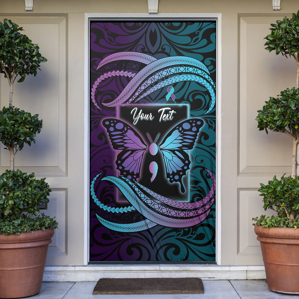 Personalised Polynesia Suicide Prevention Month Door Cover Semicolon Butterfly Never Give Up Polynesian Pattern LT22 Teal - Polynesian Pride