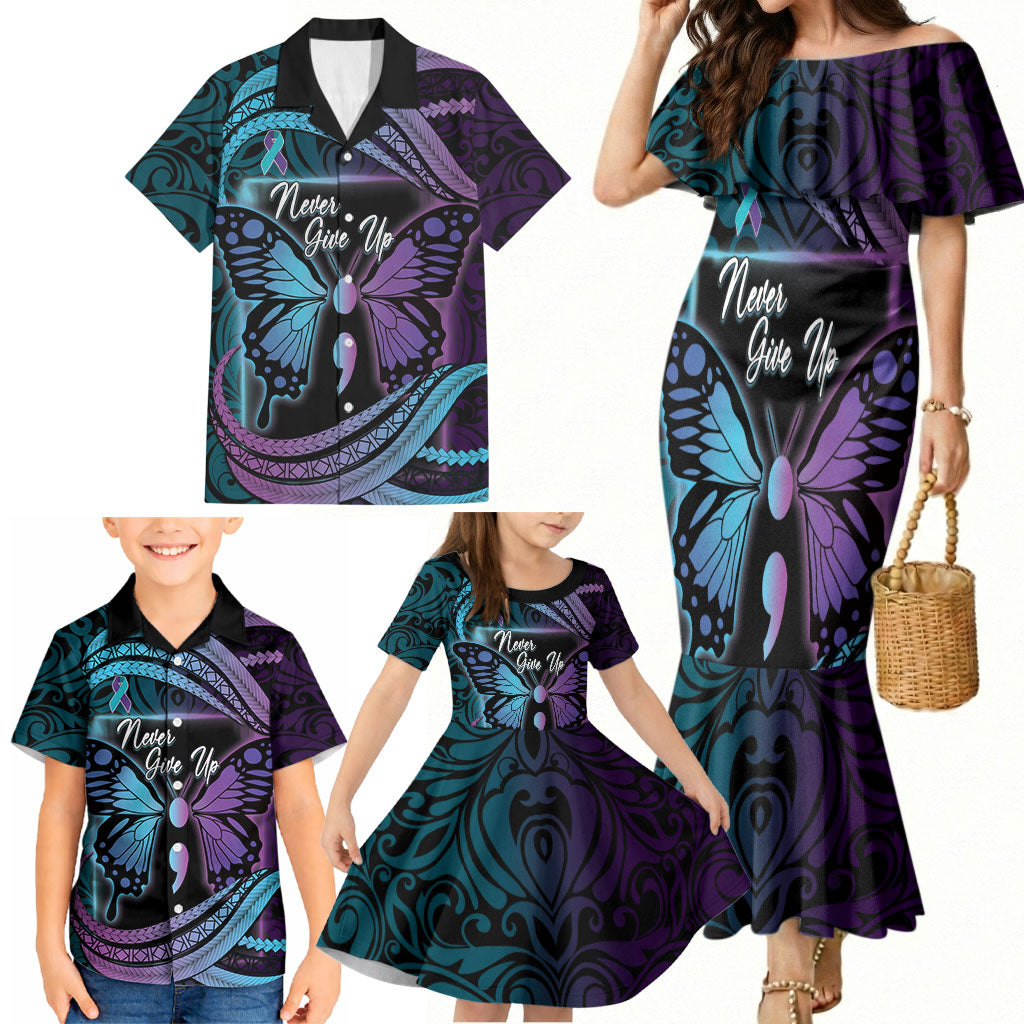 Personalised Polynesia Suicide Prevention Month Family Matching Mermaid Dress and Hawaiian Shirt Semicolon Butterfly Never Give Up Polynesian Pattern LT22 - Polynesian Pride