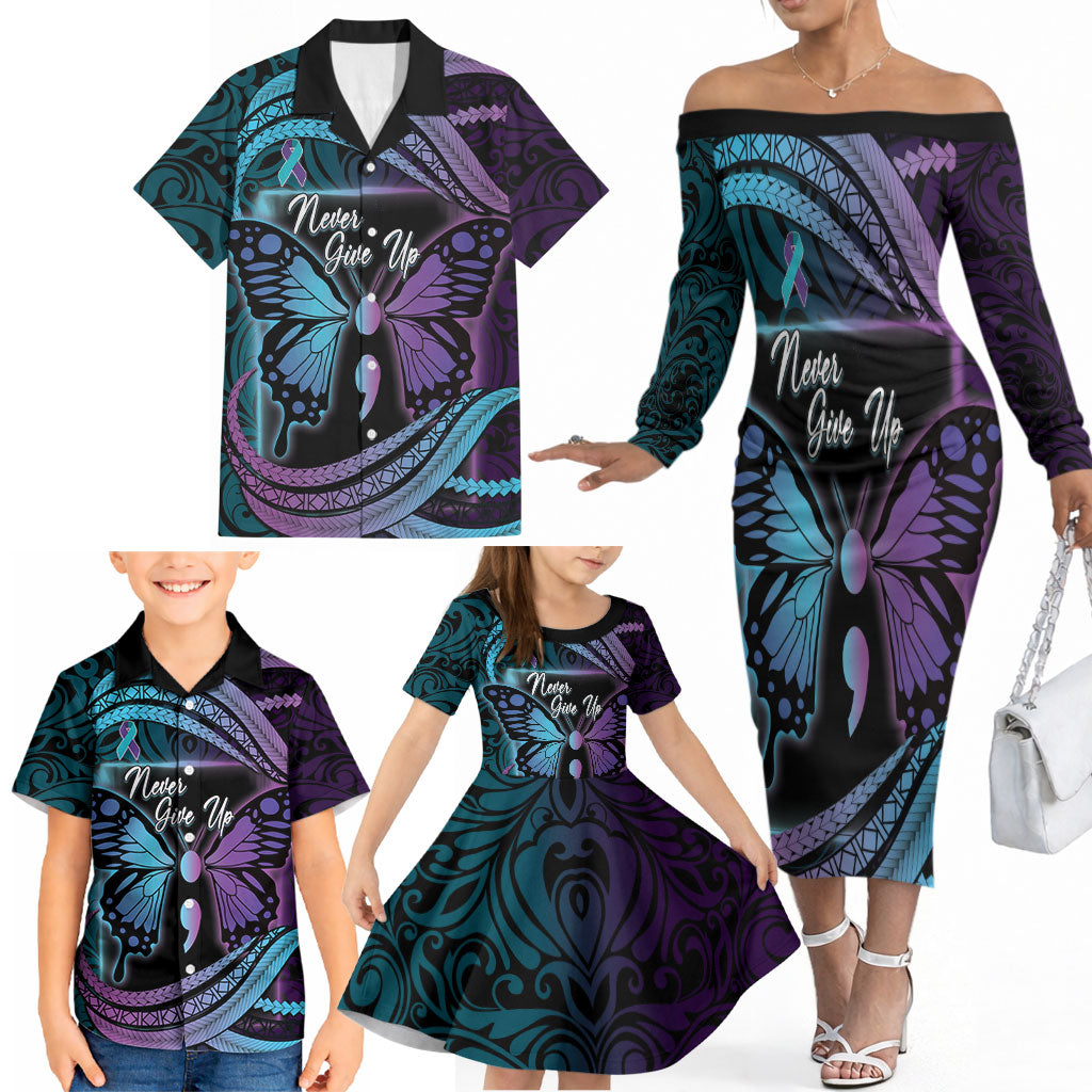 Personalised Polynesia Suicide Prevention Month Family Matching Off The Shoulder Long Sleeve Dress and Hawaiian Shirt Semicolon Butterfly Never Give Up Polynesian Pattern LT22 - Polynesian Pride