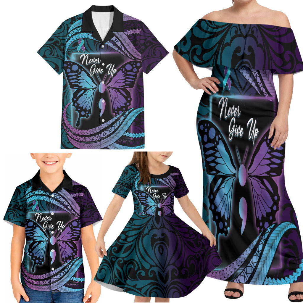 Personalised Polynesia Suicide Prevention Month Family Matching Off Shoulder Maxi Dress and Hawaiian Shirt Semicolon Butterfly Never Give Up Polynesian Pattern LT22 - Polynesian Pride