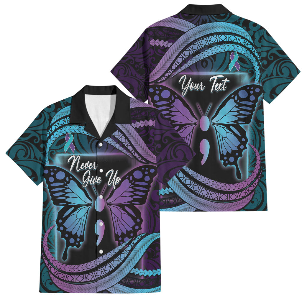 Personalised Polynesia Suicide Prevention Month Family Matching Off Shoulder Short Dress and Hawaiian Shirt Semicolon Butterfly Never Give Up Polynesian Pattern LT22 Dad's Shirt - Short Sleeve Teal - Polynesian Pride