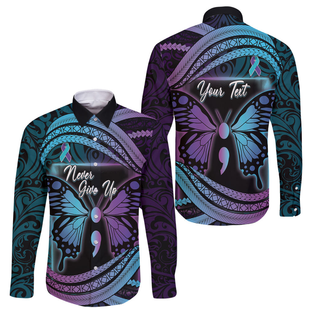 Personalised Polynesia Suicide Prevention Month Family Matching Off Shoulder Short Dress and Hawaiian Shirt Semicolon Butterfly Never Give Up Polynesian Pattern LT22 Dad's Shirt - Long Sleeve Teal - Polynesian Pride