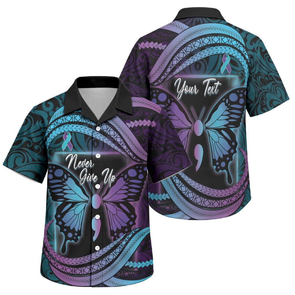 Personalised Polynesia Suicide Prevention Month Family Matching Off Shoulder Short Dress and Hawaiian Shirt Semicolon Butterfly Never Give Up Polynesian Pattern LT22 Son's Shirt Teal - Polynesian Pride