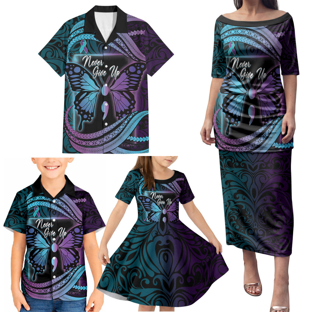 Personalised Polynesia Suicide Prevention Month Family Matching Puletasi and Hawaiian Shirt Semicolon Butterfly Never Give Up Polynesian Pattern LT22 - Polynesian Pride