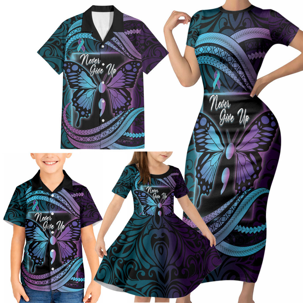 Personalised Polynesia Suicide Prevention Month Family Matching Short Sleeve Bodycon Dress and Hawaiian Shirt Semicolon Butterfly Never Give Up Polynesian Pattern LT22 - Polynesian Pride