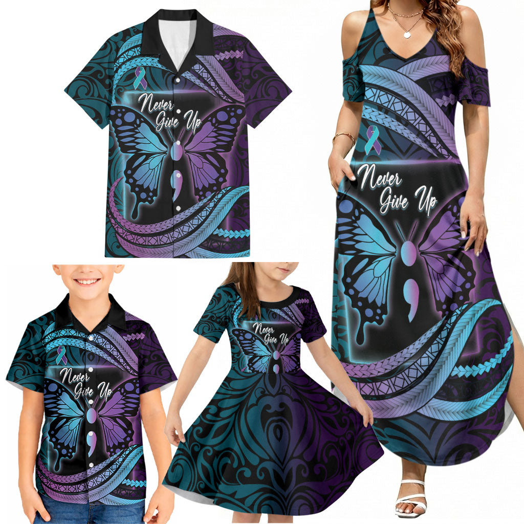 Personalised Polynesia Suicide Prevention Month Family Matching Summer Maxi Dress and Hawaiian Shirt Semicolon Butterfly Never Give Up Polynesian Pattern LT22 - Polynesian Pride