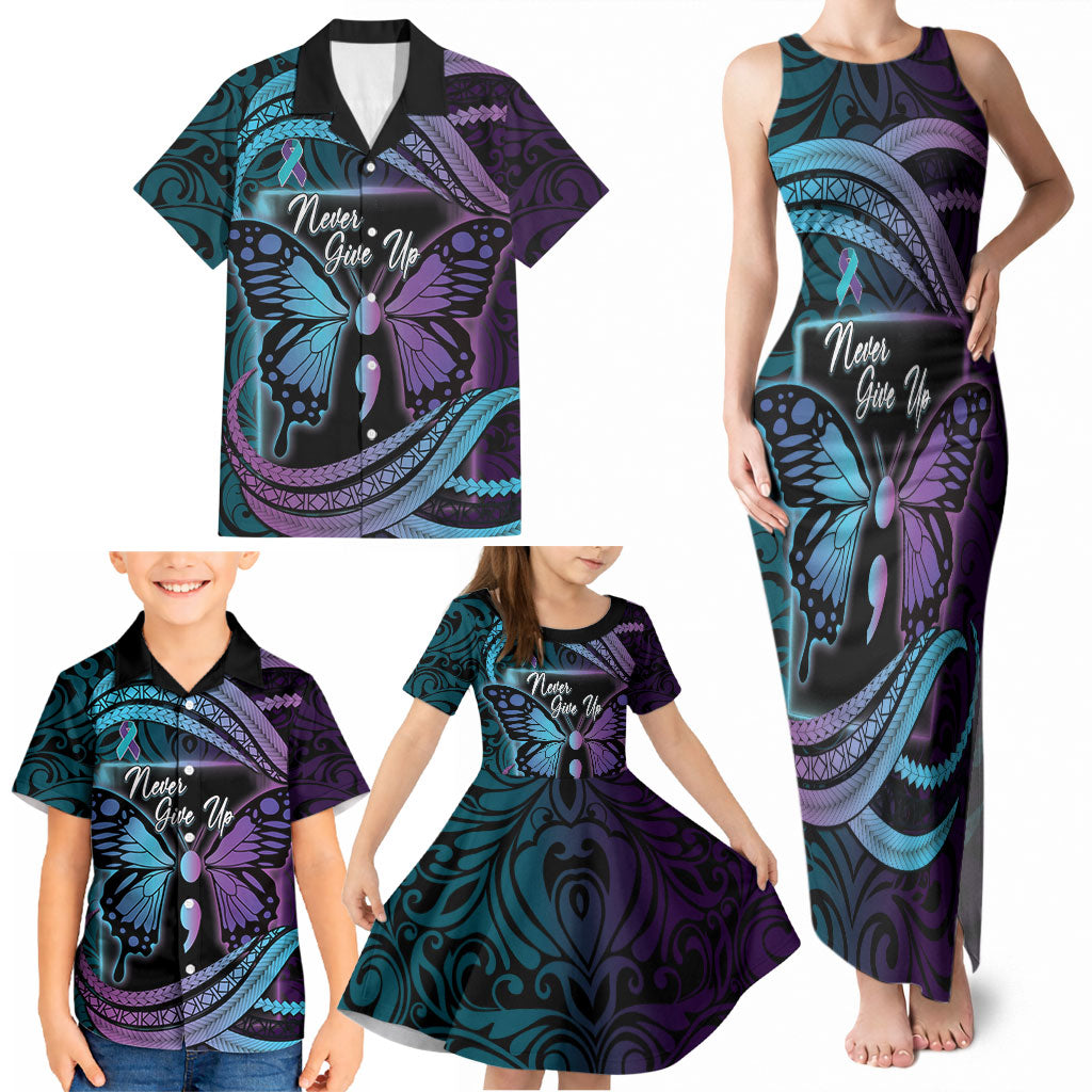 Personalised Polynesia Suicide Prevention Month Family Matching Tank Maxi Dress and Hawaiian Shirt Semicolon Butterfly Never Give Up Polynesian Pattern LT22 - Polynesian Pride