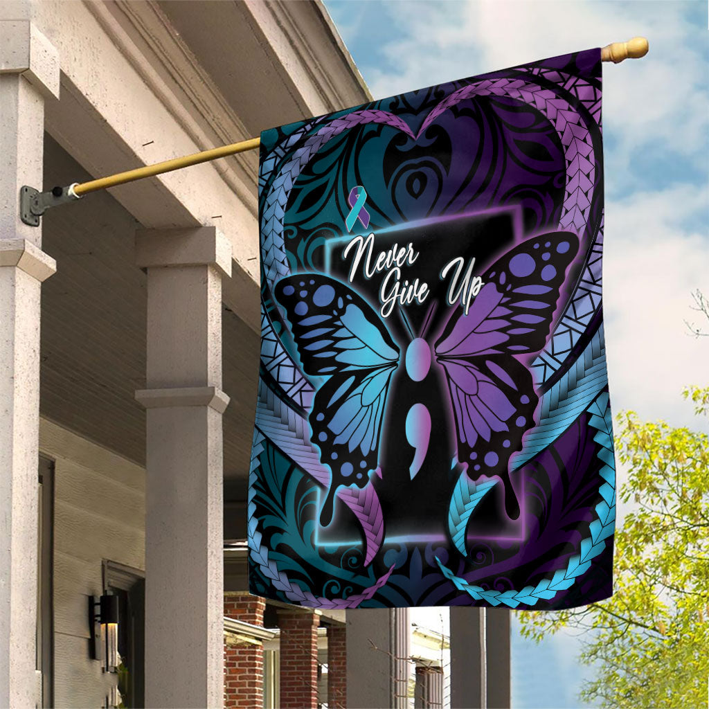 Polynesia Suicide Prevention Month Garden Flag Semicolon Butterfly Never Give Up Polynesian Pattern LT22 House Flag Teal - Polynesian Pride