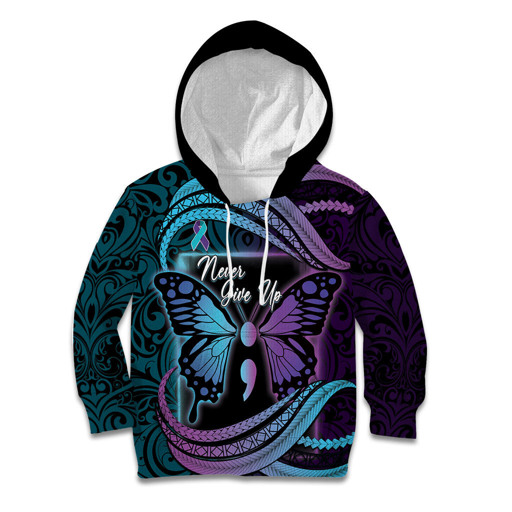 Personalised Polynesia Suicide Prevention Month Kid Hoodie Semicolon Butterfly Never Give Up Polynesian Pattern LT22 Hoodie Teal - Polynesian Pride