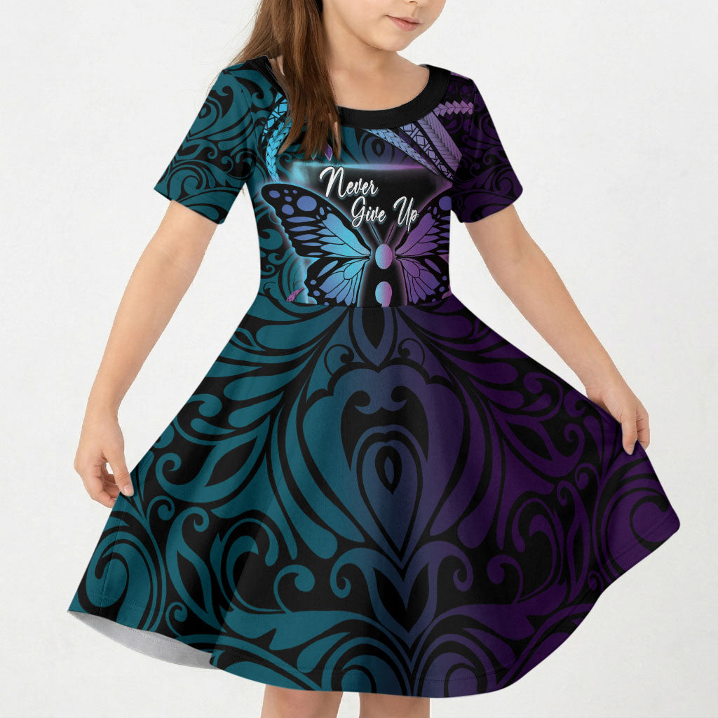 Personalised Polynesia Suicide Prevention Month Kid Short Sleeve Dress Semicolon Butterfly Never Give Up Polynesian Pattern LT22 KID Teal - Polynesian Pride