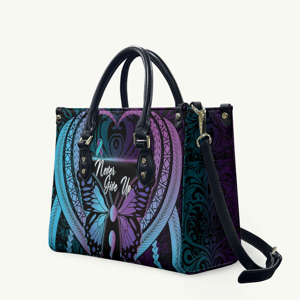 Polynesia Suicide Prevention Month Leather Bag Semicolon Butterfly Never Give Up Polynesian Pattern LT22 Teal - Polynesian Pride