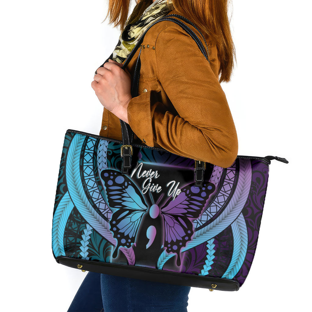 Polynesia Suicide Prevention Month Leather Tote Bag Semicolon Butterfly Never Give Up Polynesian Pattern LT22 Teal - Polynesian Pride