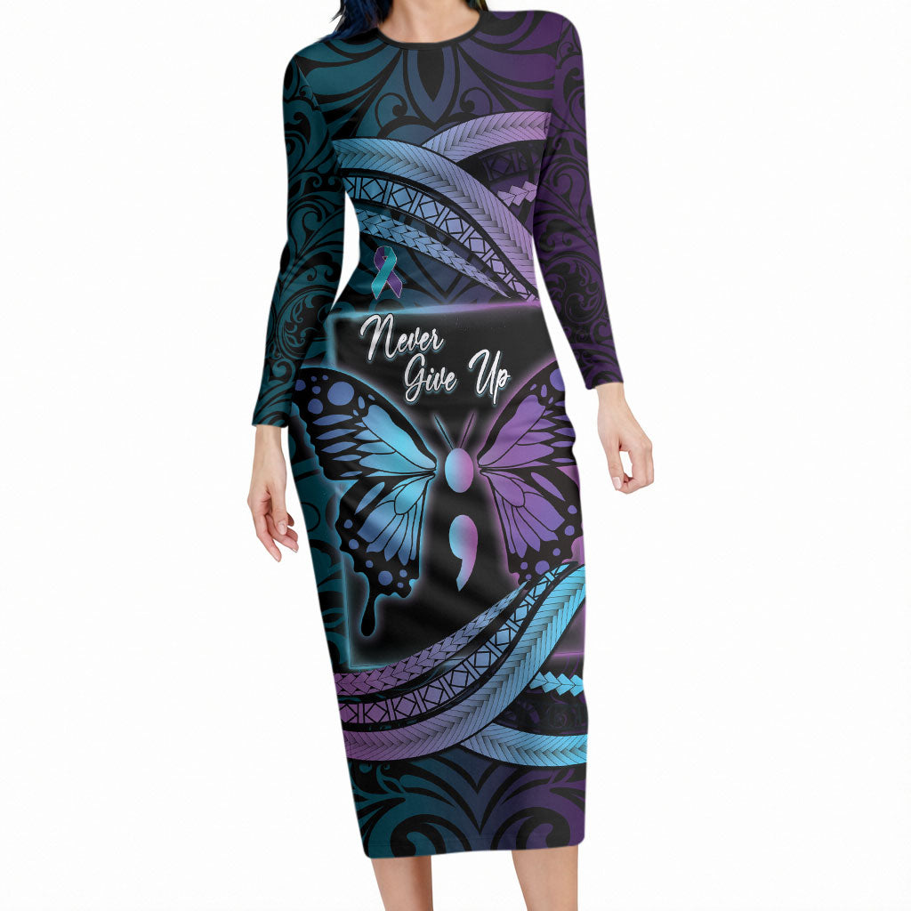 Personalised Polynesia Suicide Prevention Month Long Sleeve Bodycon Dress Semicolon Butterfly Never Give Up Polynesian Pattern LT22 Long Dress Teal - Polynesian Pride