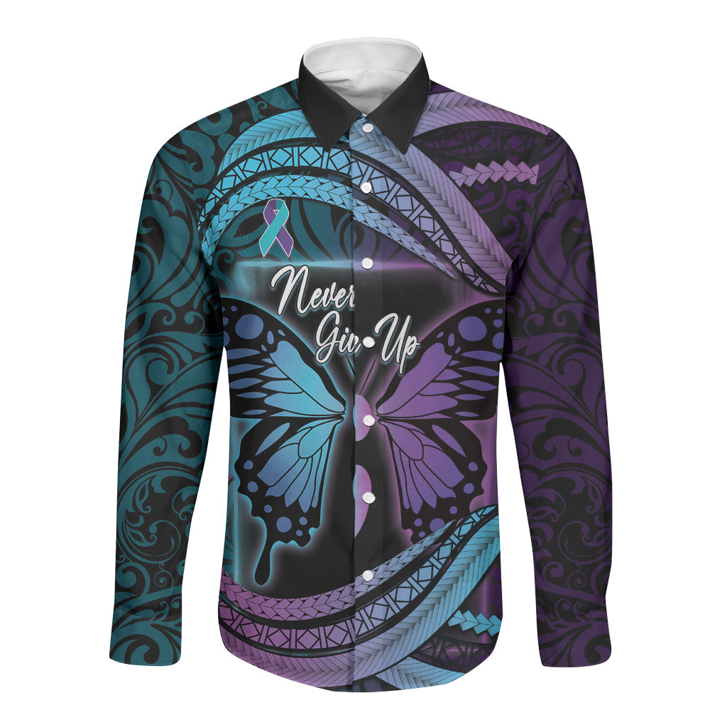 Personalised Polynesia Suicide Prevention Month Long Sleeve Button Shirt Semicolon Butterfly Never Give Up Polynesian Pattern LT22 Unisex Teal - Polynesian Pride