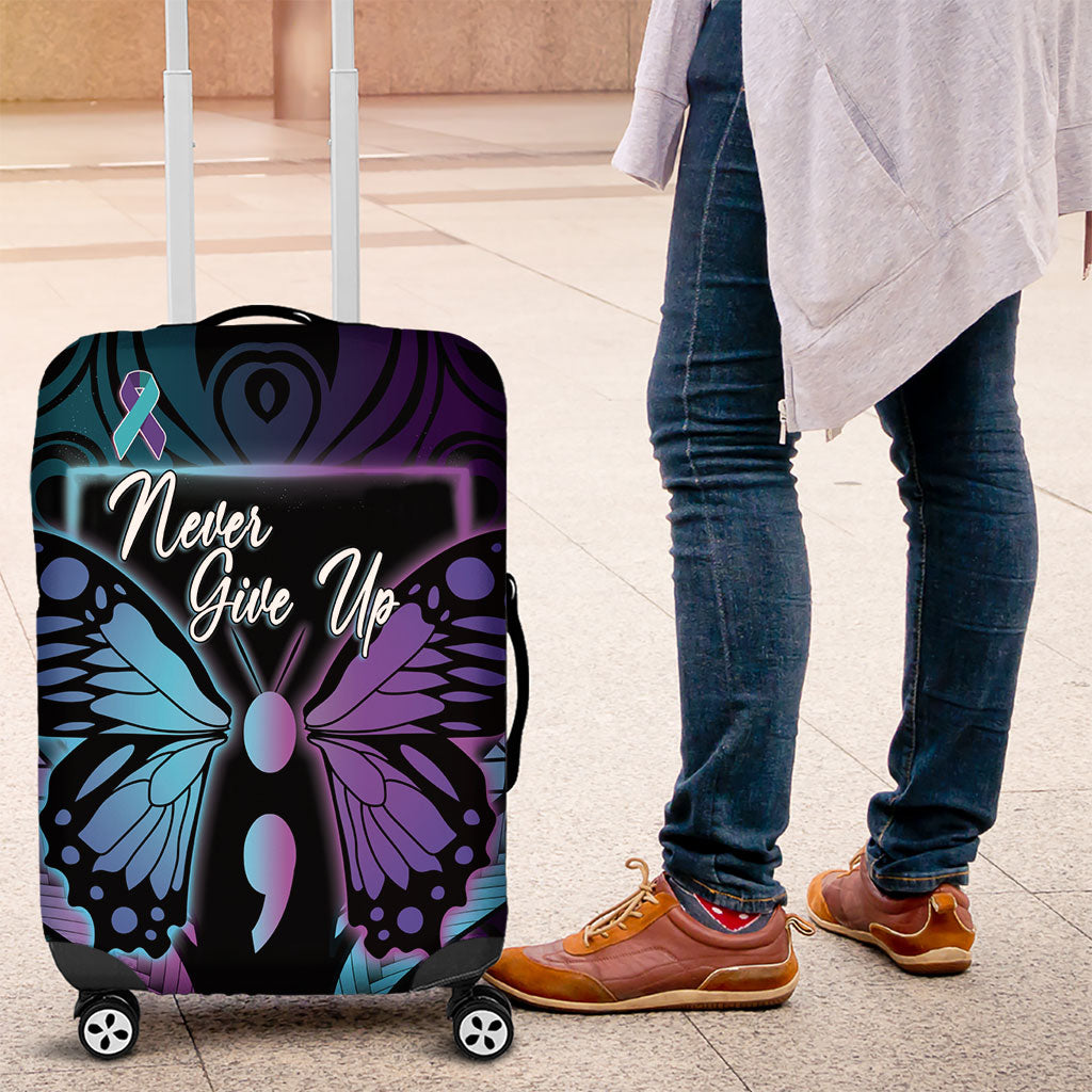 Polynesia Suicide Prevention Month Luggage Cover Semicolon Butterfly Never Give Up Polynesian Pattern LT22 Teal - Polynesian Pride
