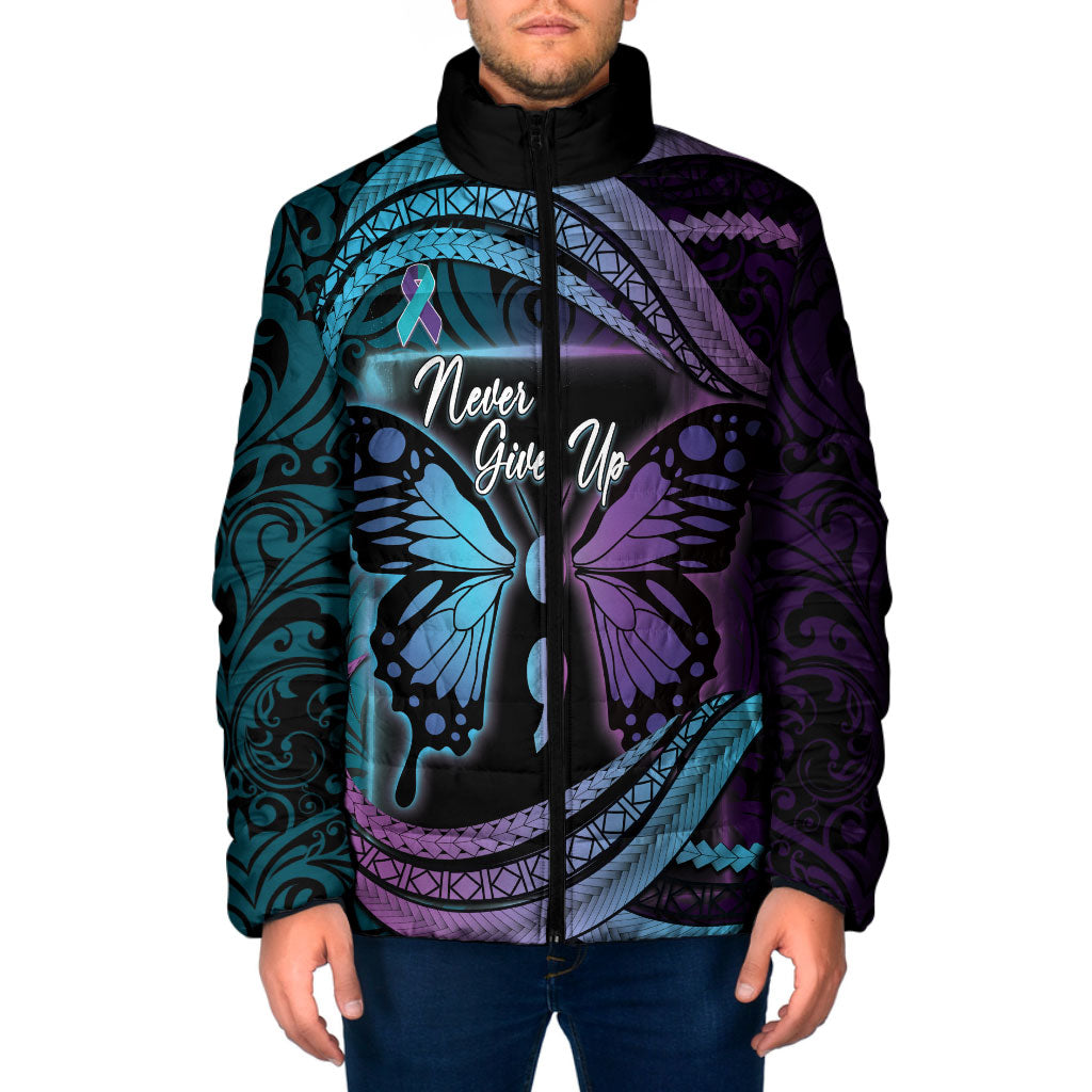 Personalised Polynesia Suicide Prevention Month Padded Jacket Semicolon Butterfly Never Give Up Polynesian Pattern LT22 Men Teal - Polynesian Pride