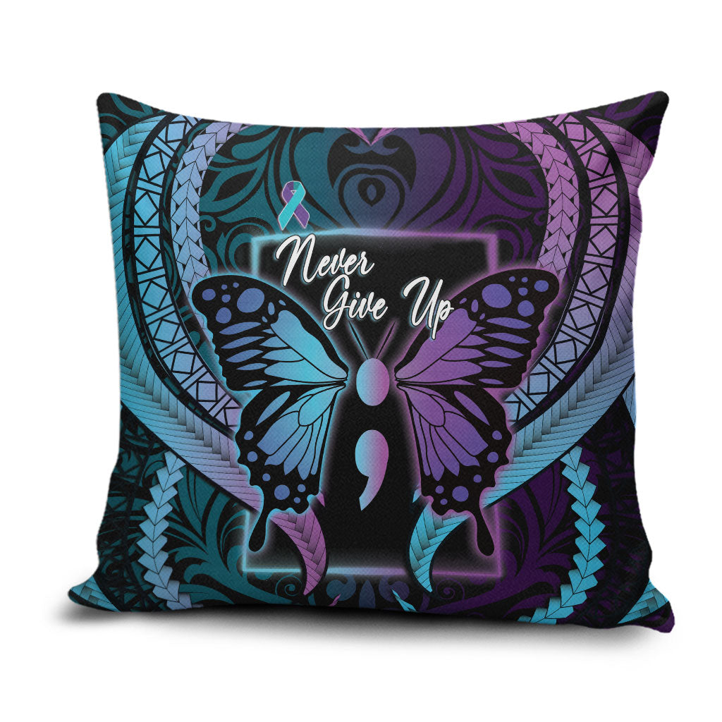 Polynesia Suicide Prevention Month Pillow Cover Semicolon Butterfly Never Give Up Polynesian Pattern LT22 Teal - Polynesian Pride