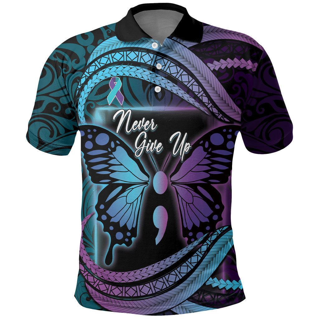 Personalised Polynesia Suicide Prevention Month Polo Shirt Semicolon Butterfly Never Give Up Polynesian Pattern LT22 Teal - Polynesian Pride