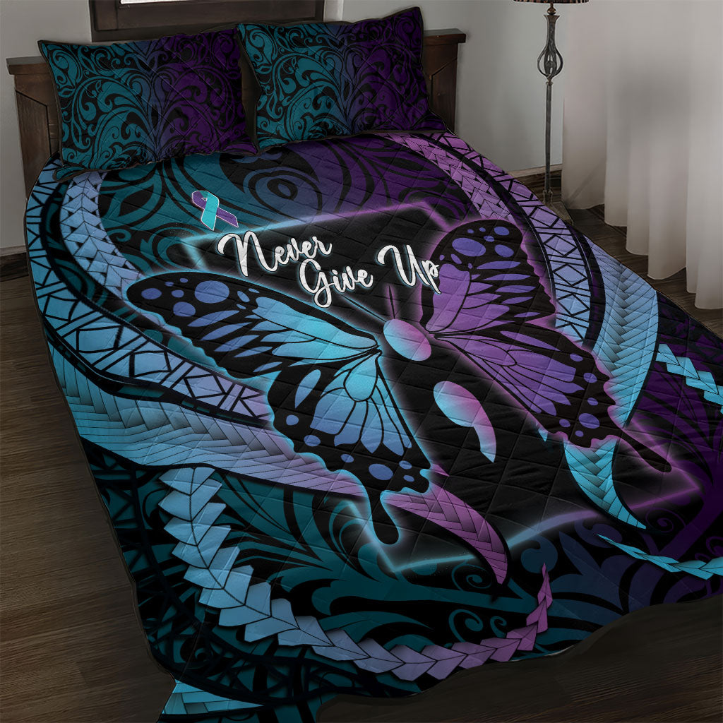 Polynesia Suicide Prevention Month Quilt Bed Set Semicolon Butterfly Never Give Up Polynesian Pattern LT22 Teal - Polynesian Pride