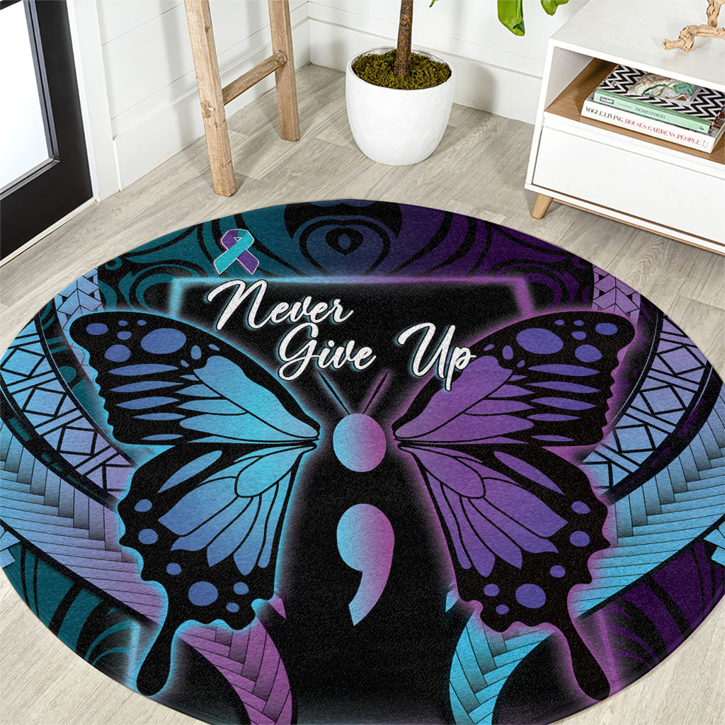 Polynesia Suicide Prevention Month Round Carpet Semicolon Butterfly Never Give Up Polynesian Pattern LT22 Teal - Polynesian Pride