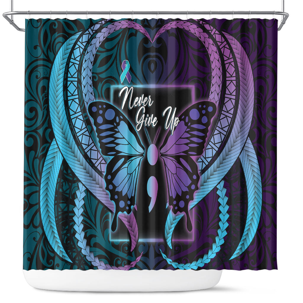 Polynesia Suicide Prevention Month Shower Curtain Semicolon Butterfly Never Give Up Polynesian Pattern LT22 Teal - Polynesian Pride