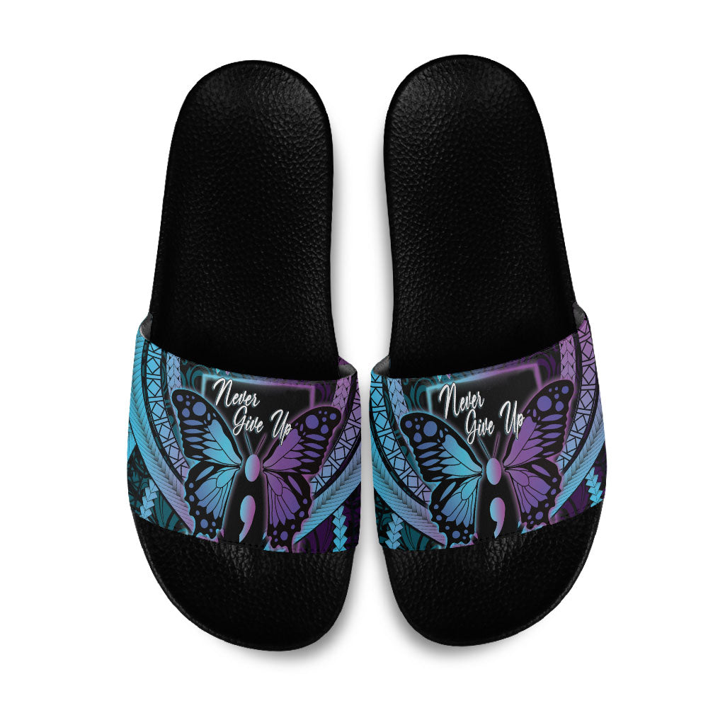 Polynesia Suicide Prevention Month Slide Sandals Semicolon Butterfly Never Give Up Polynesian Pattern LT22 Teal - Polynesian Pride