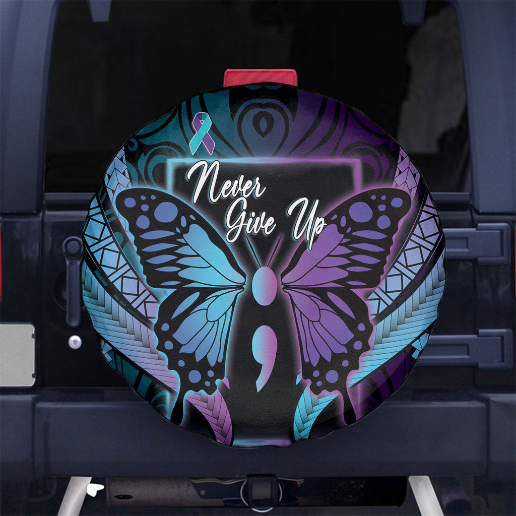 Polynesia Suicide Prevention Month Spare Tire Cover Semicolon Butterfly Never Give Up Polynesian Pattern LT22 No hole Teal - Polynesian Pride