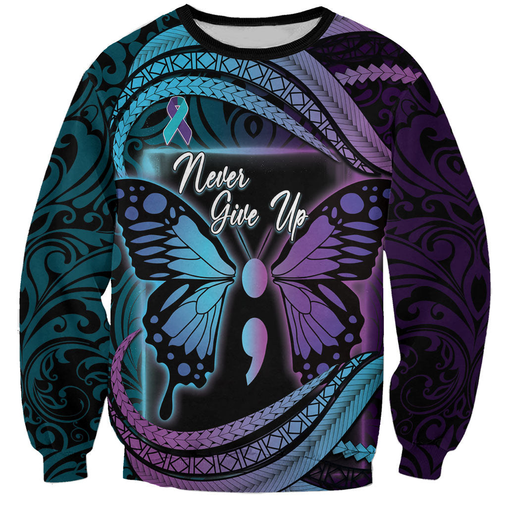 Personalised Polynesia Suicide Prevention Month Sweatshirt Semicolon Butterfly Never Give Up Polynesian Pattern LT22 Unisex Teal - Polynesian Pride