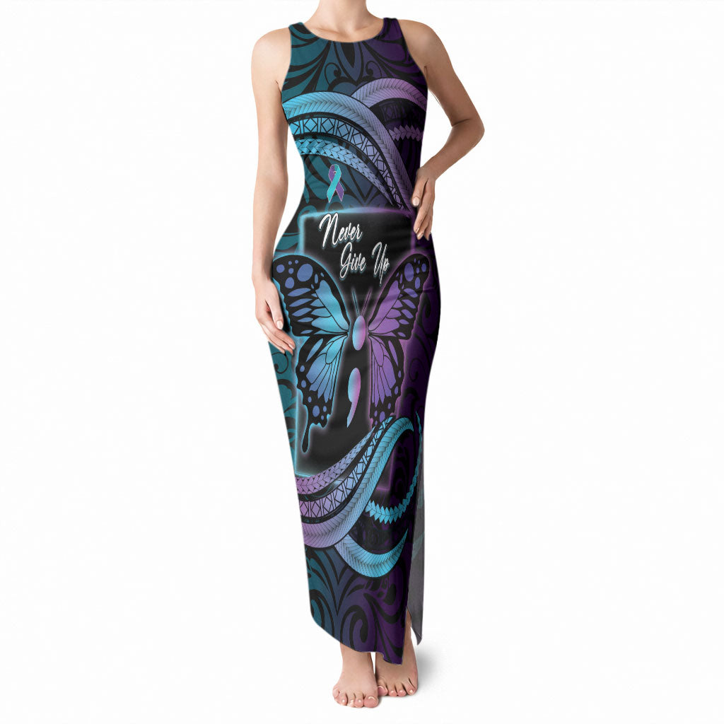 Personalised Polynesia Suicide Prevention Month Tank Maxi Dress Semicolon Butterfly Never Give Up Polynesian Pattern LT22 Women Teal - Polynesian Pride