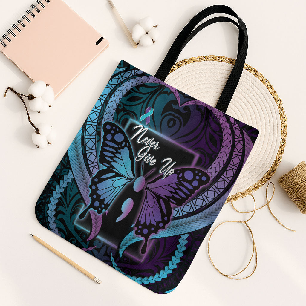 Polynesia Suicide Prevention Month Tote Bag Semicolon Butterfly Never Give Up Polynesian Pattern LT22 Black Strap One Size Teal - Polynesian Pride