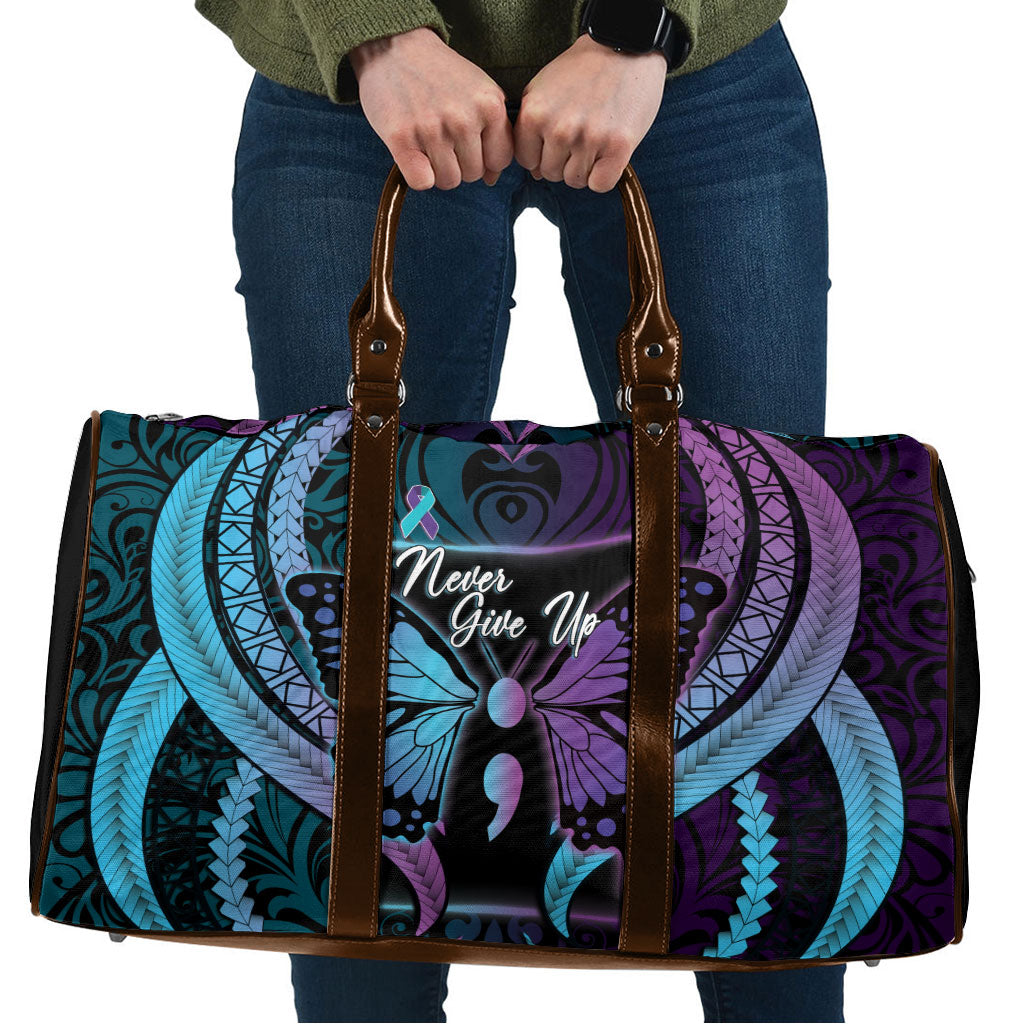Polynesia Suicide Prevention Month Travel Bag Semicolon Butterfly Never Give Up Polynesian Pattern LT22 Teal - Polynesian Pride