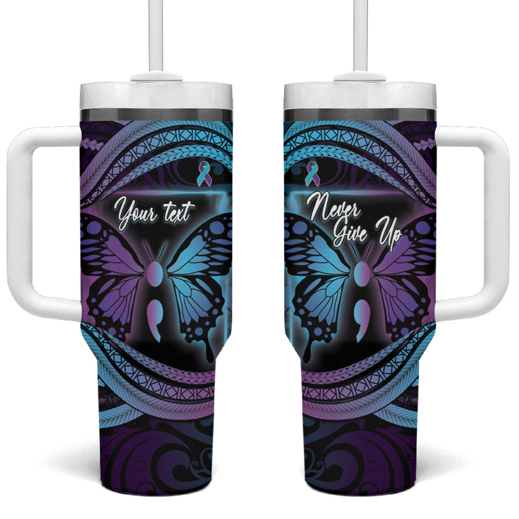 Personalised Polynesia Suicide Prevention Month Tumbler With Handle Semicolon Butterfly Never Give Up Polynesian Pattern LT22 One Size: 40 oz Teal - Polynesian Pride