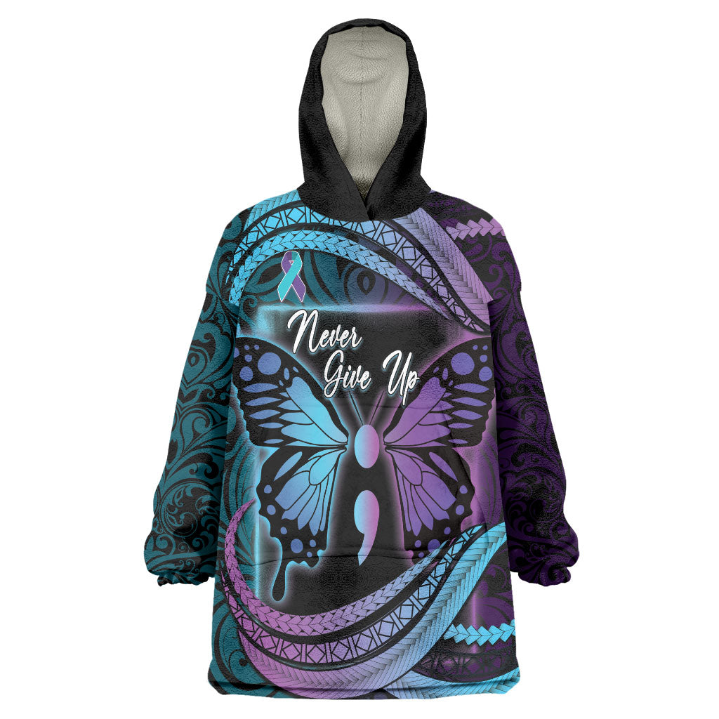 Personalised Polynesia Suicide Prevention Month Wearable Blanket Hoodie Semicolon Butterfly Never Give Up Polynesian Pattern LT22 One Size Teal - Polynesian Pride