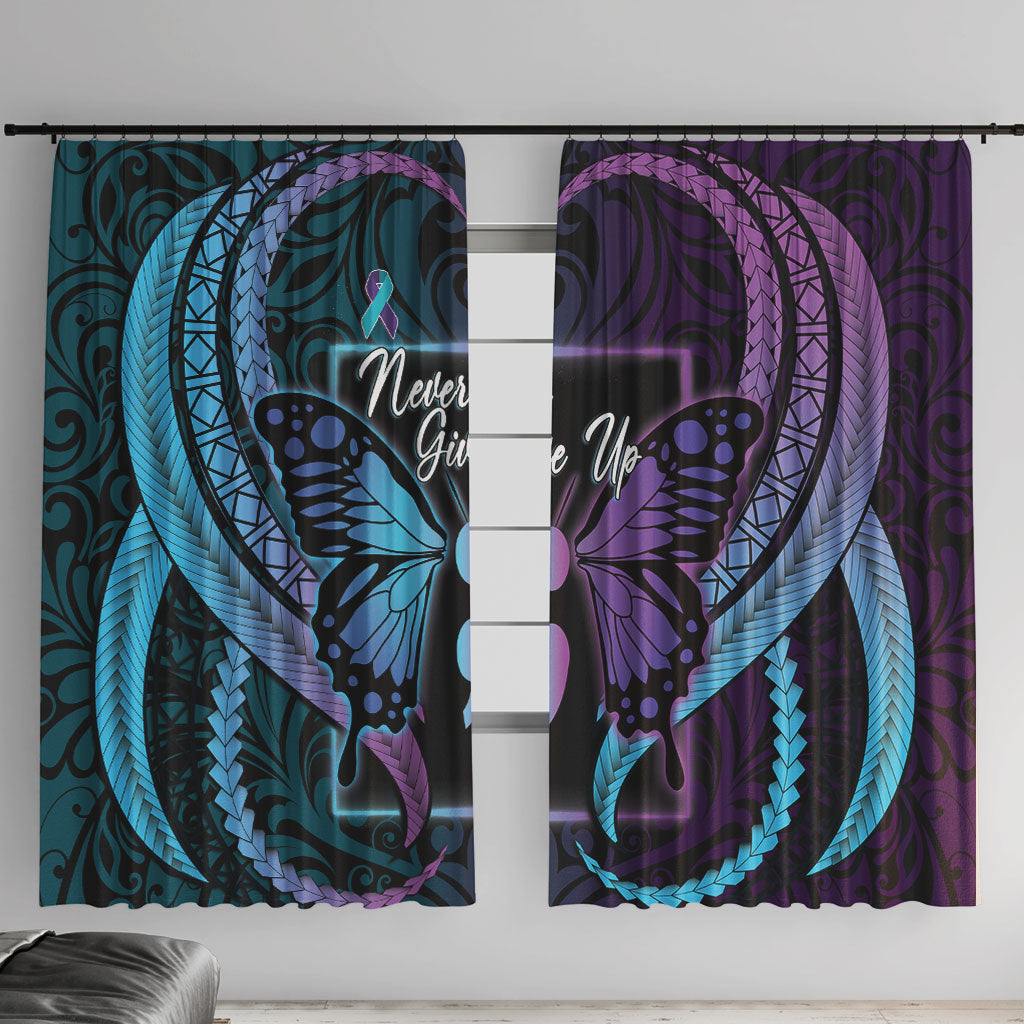 Polynesia Suicide Prevention Month Window Curtain Semicolon Butterfly Never Give Up Polynesian Pattern LT22 With Hooks Teal - Polynesian Pride