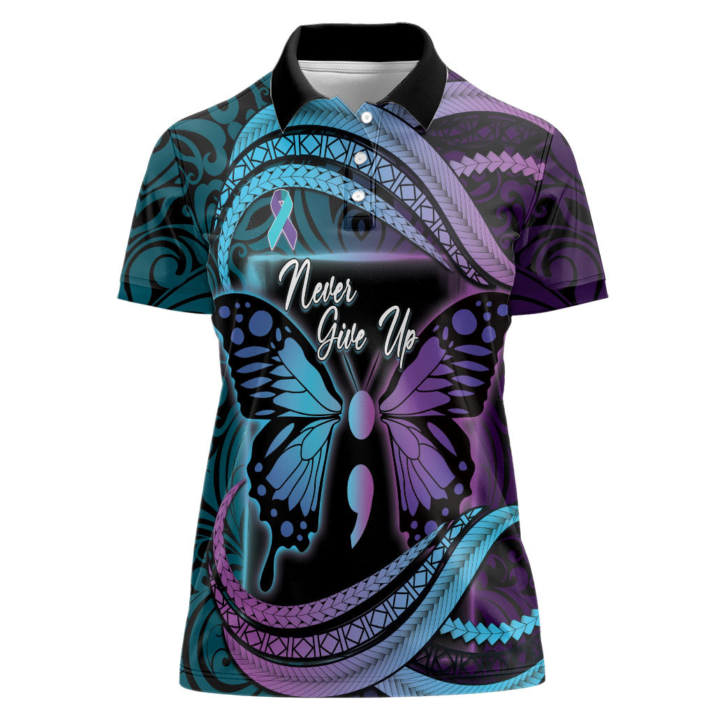 Personalised Polynesia Suicide Prevention Month Women Polo Shirt Semicolon Butterfly Never Give Up Polynesian Pattern LT22 Female Teal - Polynesian Pride
