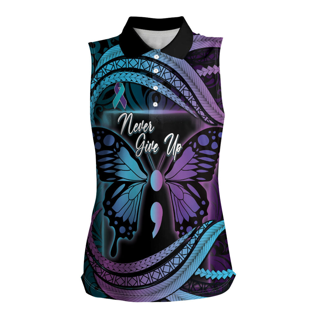 Personalised Polynesia Suicide Prevention Month Women Sleeveless Polo Shirt Semicolon Butterfly Never Give Up Polynesian Pattern LT22 Female Teal - Polynesian Pride