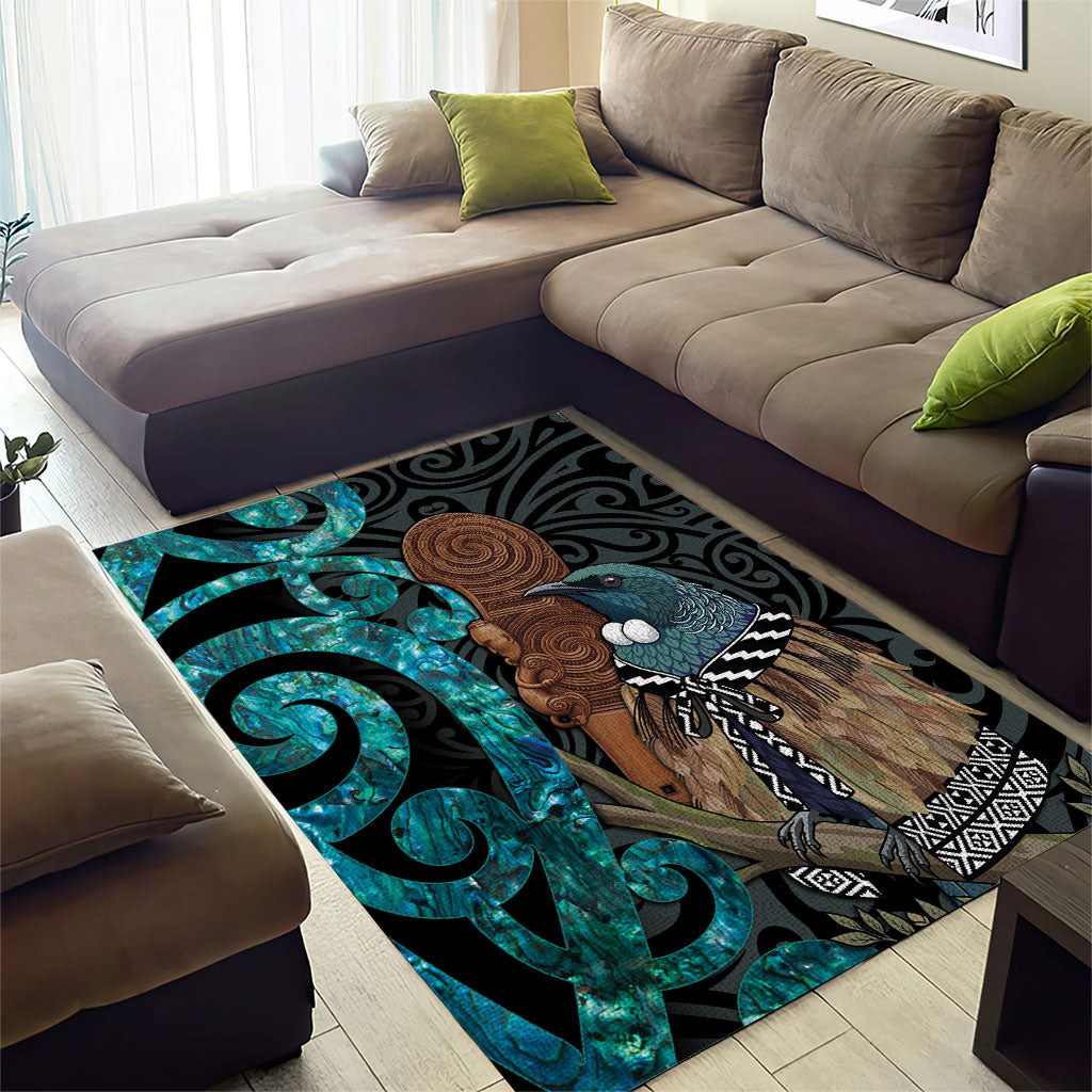 New Zealand Tui Bird Wahaika Area Rug Maori Weapon Paua Shell Koru Pattern