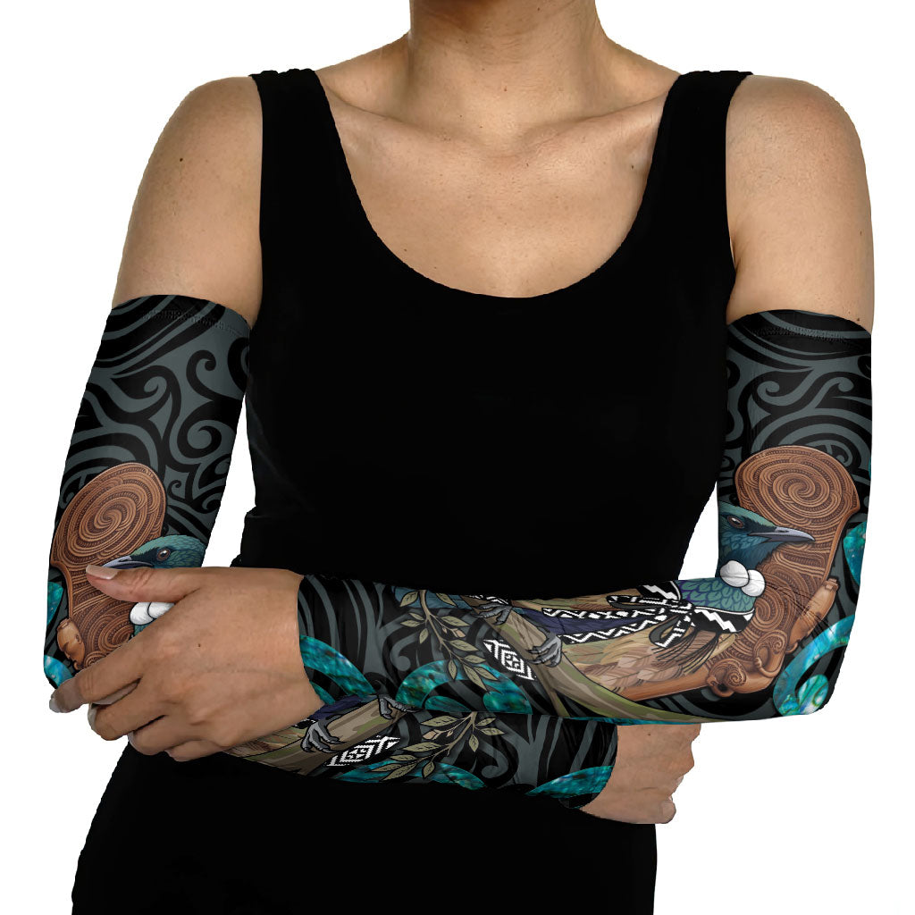 New Zealand Tui Bird Wahaika Arm Sleeves Maori Weapon Paua Shell Koru Pattern