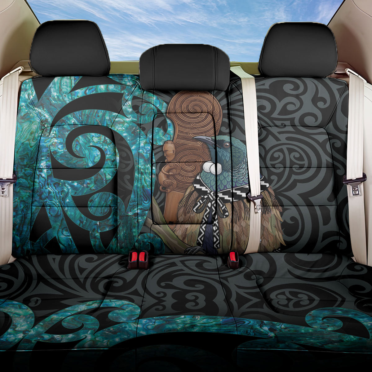 New Zealand Tui Bird Wahaika Back Car Seat Cover Maori Weapon Paua Shell Koru Pattern
