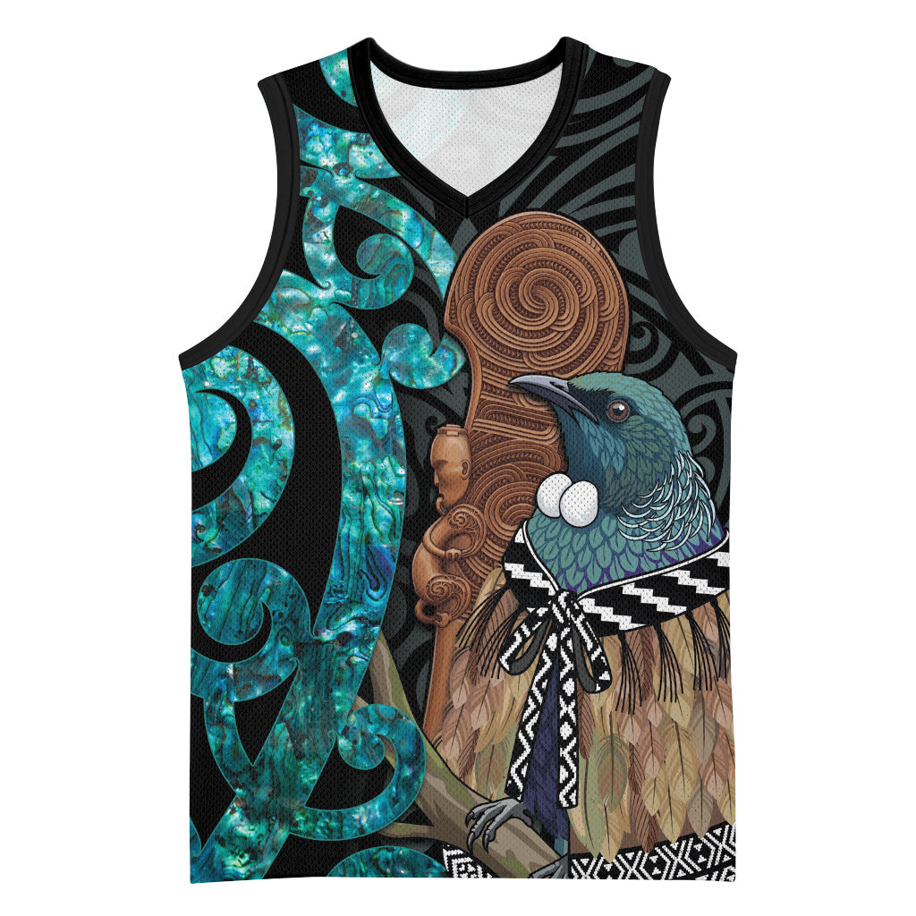 New Zealand Tui Bird Wahaika Basketball Jersey Maori Weapon Paua Shell Koru Pattern