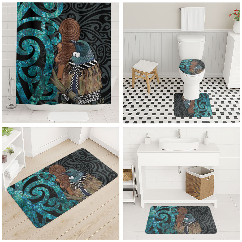 New Zealand Tui Bird Wahaika Bathroom Set Maori Weapon Paua Shell Koru Pattern