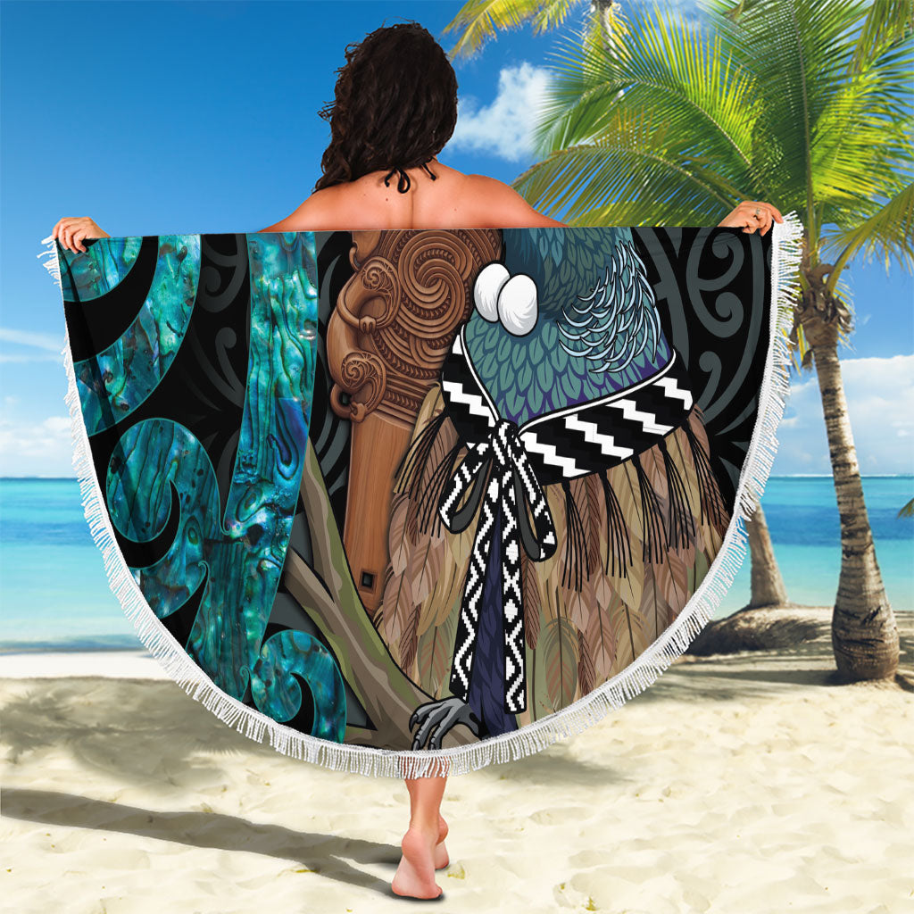 New Zealand Tui Bird Wahaika Beach Blanket Maori Weapon Paua Shell Koru Pattern