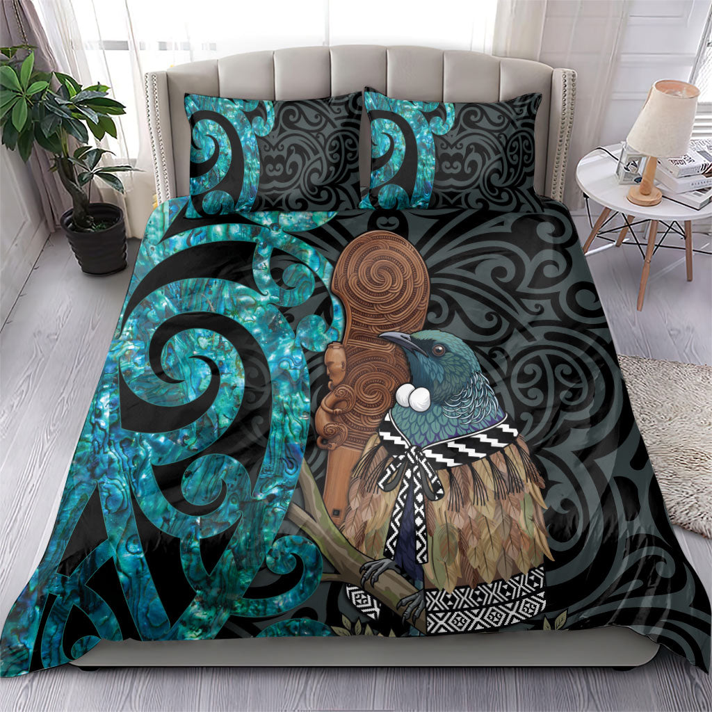 New Zealand Tui Bird Wahaika Bedding Set Maori Weapon Paua Shell Koru Pattern