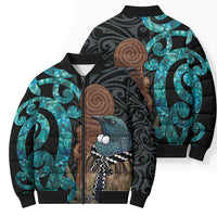 New Zealand Tui Bird Wahaika Bomber Puffer Jacket Maori Weapon Paua Shell Koru Pattern