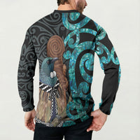 New Zealand Tui Bird Wahaika Button Sweatshirt Maori Weapon Paua Shell Koru Pattern
