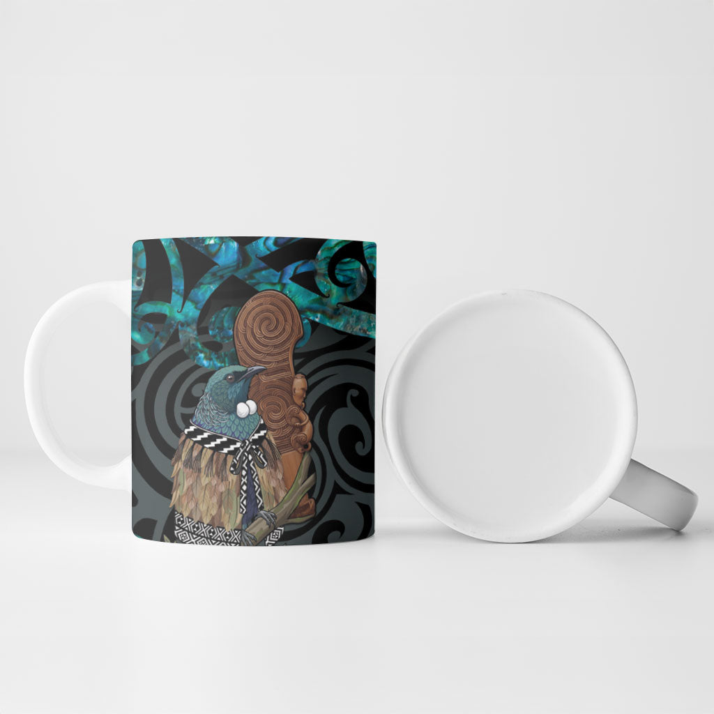 New Zealand Tui Bird Wahaika Ceramic Mug Maori Weapon Paua Shell Koru Pattern