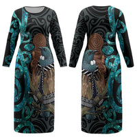 New Zealand Tui Bird Wahaika Couples Matching Long Sleeve Bodycon Dress and Hawaiian Shirt Maori Weapon Paua Shell Koru Pattern