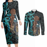 New Zealand Tui Bird Wahaika Couples Matching Long Sleeve Bodycon Dress and Long Sleeve Button Shirt Maori Weapon Paua Shell Koru Pattern