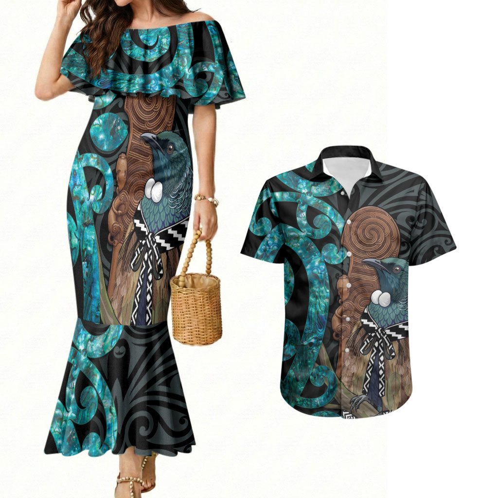 New Zealand Tui Bird Wahaika Couples Matching Mermaid Dress and Hawaiian Shirt Maori Weapon Paua Shell Koru Pattern